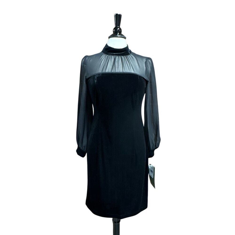 Melonie Womens Black SheerβLong Sleeve Velour Sheath Dress Sz 8 NEW